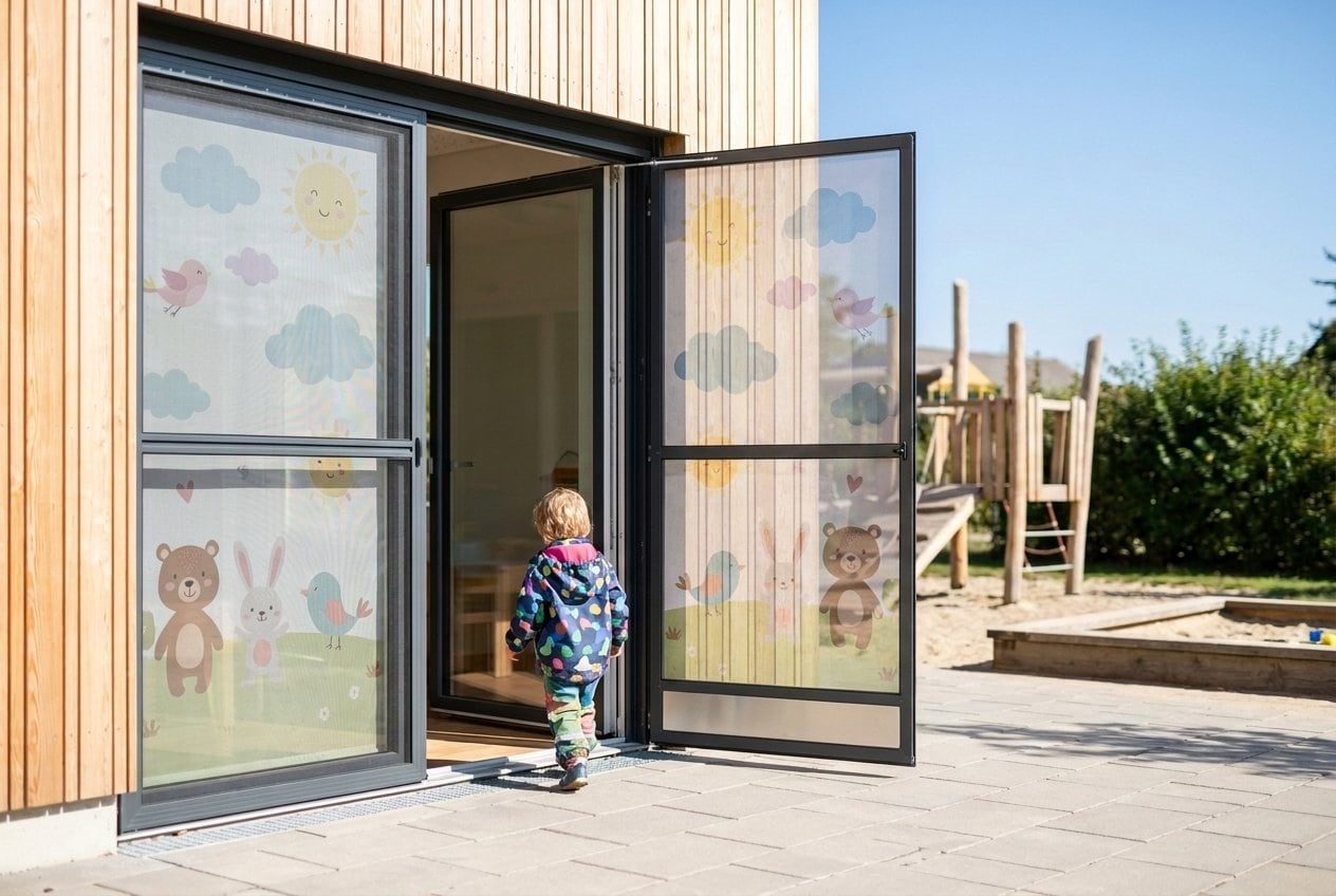 Kita-Terrasse mit bedruckter Insektenschutz-Pendeltür, ein Flügel offen, ein Kind geht hinaus