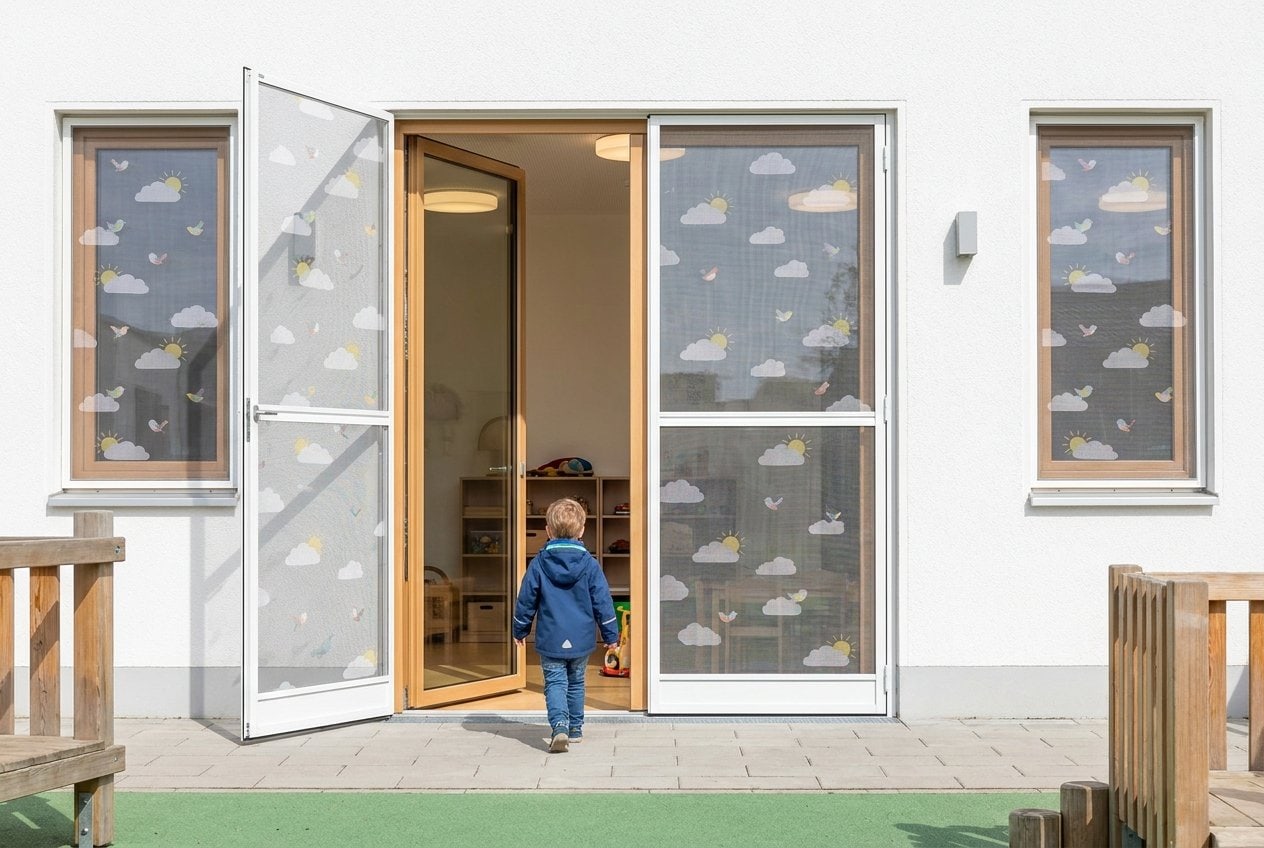 Kita-Eingang mit zweiflügeliger Insektenschutz-Pendeltür und Spannrahmen mit Wolkenmotiv, ein Kind geht hinein