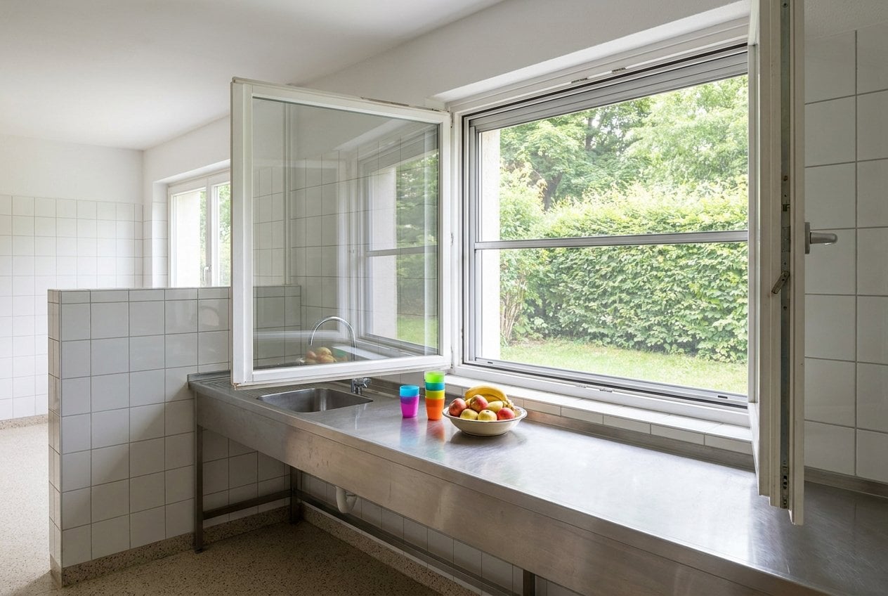 Kita-Küche, Fensterflügel nach innen geöffnet, Insektenschutz-Spannrahmen aus Edelstahlgewebe in der Fensteröffnung