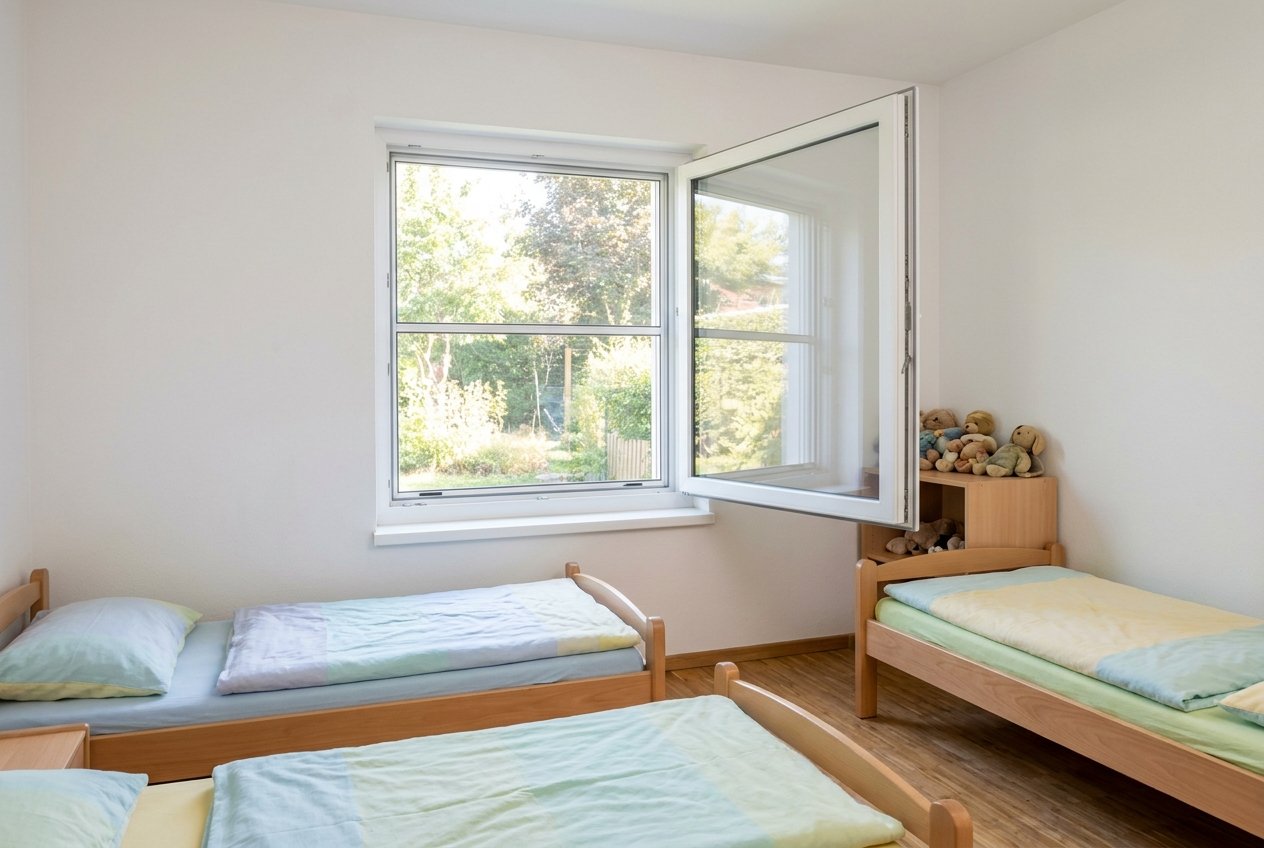 Schlafraum einer Kita, Fensterflügel nach innen geöffnet, Insektenschutz-Spannrahmen in der Fensteröffnung