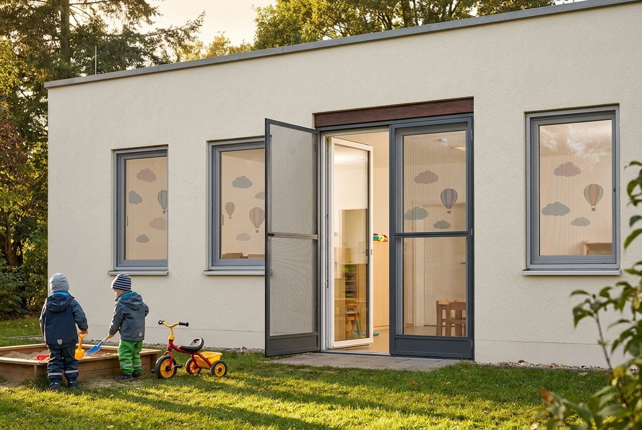 Kita-Gebäude mit bedruckten Spannrahmen an den Fenstern und zweiflügeliger Insektenschutz-Pendeltür, Kinder am Sandkasten